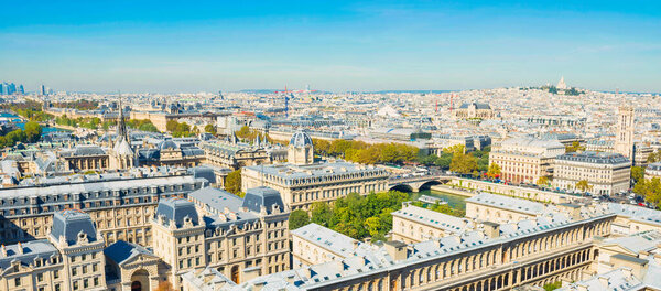 Paris panorama landscape with aerial architecture, roofs and city view