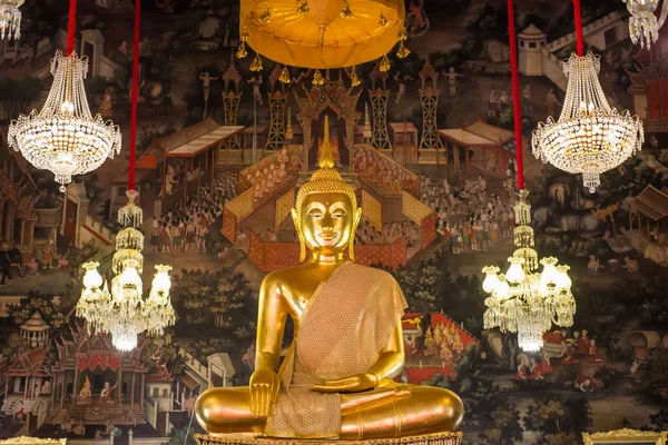 View Gold Statue Sitting Buddha Ornate Temple Painted Walls Wat — Stok fotoğraf