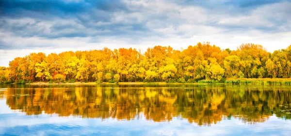 Autumn Forest Panorama River Orange Trees —  Fotos de Stock