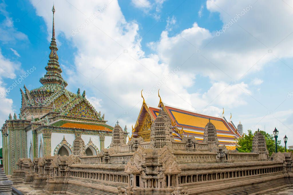 View of stone miniature model of Angkor Wat in Temple of Emerald Buddha complex. Bangkok, Thailand
