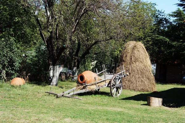 Landsbygdens landskap: traditionella georgiska vin kannan och hö — Stockfoto