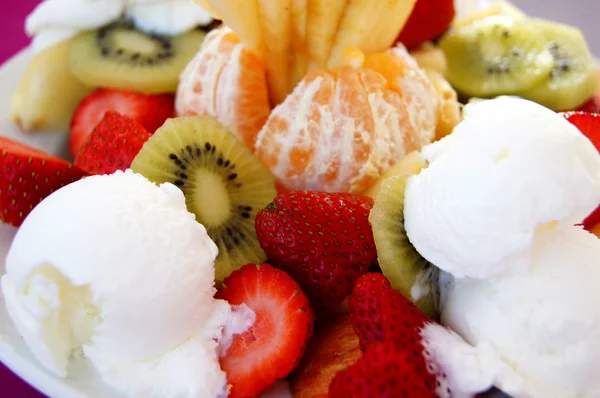 Fruit desert with cake and ice cream — Stock Photo, Image