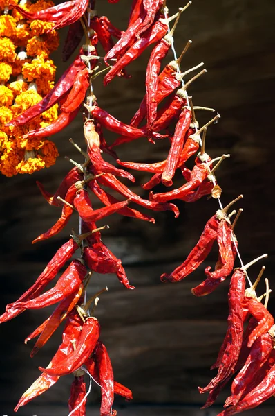 Röd chili peppers på gatan marknaden i solljus — Stockfoto
