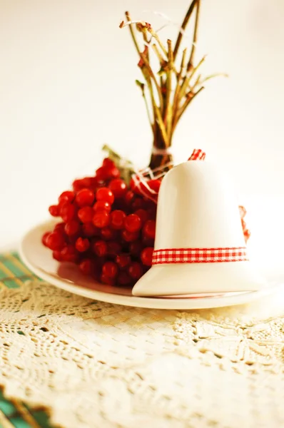 Czerwone jagody na talerzu wśród innych owoców jesieni na śnieżki — Zdjęcie stockowe
