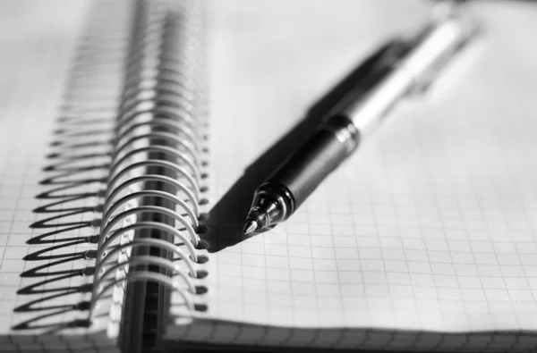 Closeup of notepad and black pen — Stok fotoğraf