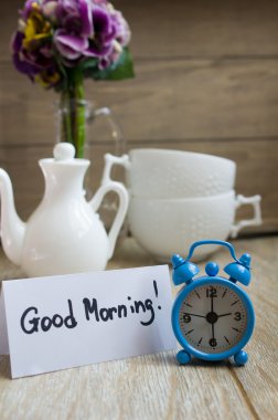 Mint tea, violas flowers and Good morning note clipart