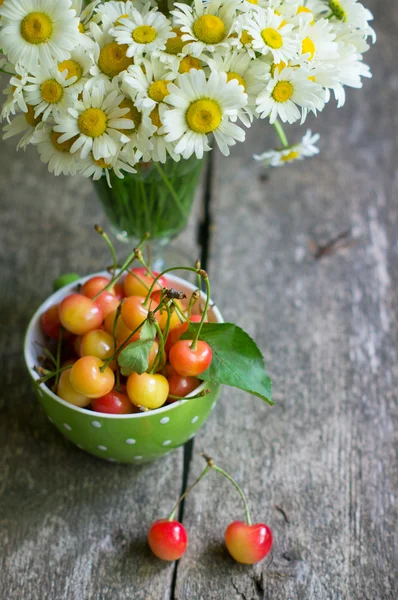 Cerejas doces e flores de margarida — Fotografia de Stock