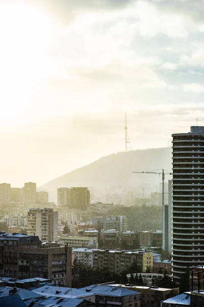 Dramatic Sky Tbilisi City Downtown Winter Sun Rays Snow — Stock Photo, Image