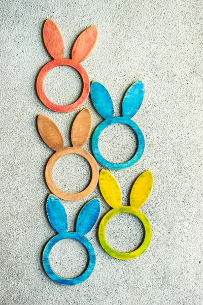 Easter Colored Rings Lookes Bunny Ears Ornaments Wooden Background — Stock Photo, Image