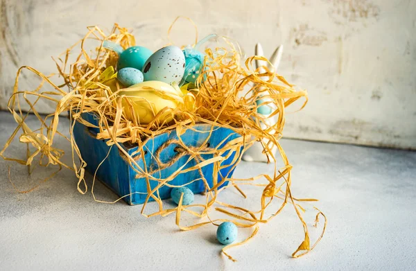 Box Full Colorful Eggs Rustic Background — Stock Photo, Image