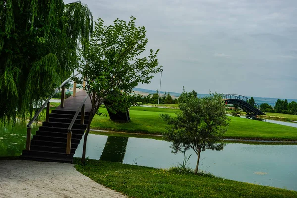 Rybník Odrazem Golfových Pastvinách — Stock fotografie