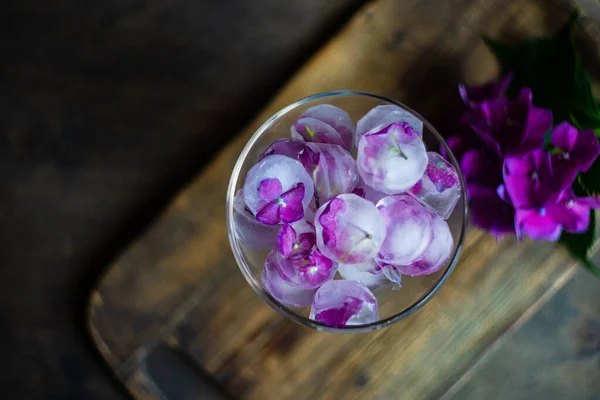 Bicchiere Con Cubetti Ghiaccio Viola Ortensia Fiore Come Concetto Rinfrescante — Foto Stock