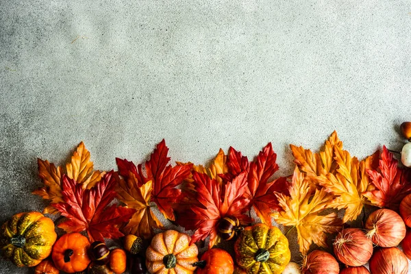 Frame Made Fake Autumnl Leaves Harvest Vegetables Concrete Background — Photo