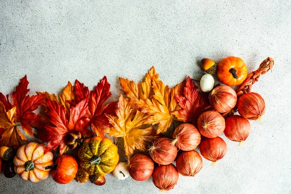 Frame Made Fake Autumnl Leaves Harvest Vegetables Concrete Background — Photo