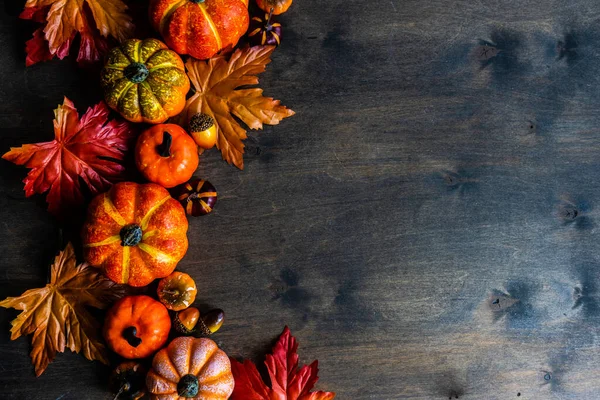 Herbstflache Lag Mit Blättern Und Kürbissen Auf Holzgrund lizenzfreie Stockbilder