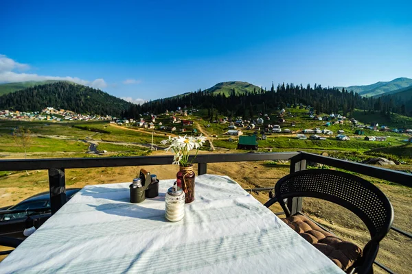 Fleurs Sauvages Bouquet Sur Table Avec Vue Matin Bakhmaro Resort — Photo