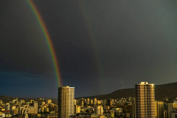 Double Rainbow Tbilisi Downtown Rain Capital City Georgia — Stock Photo, Image
