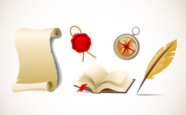 Retro kağıt, tüy, pusula ve kitap - vektör Icon set