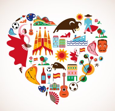 Spain Love - heart with set of vector icons clipart