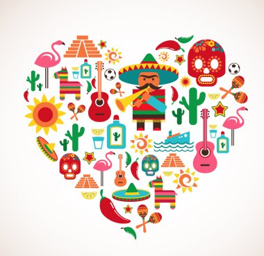 Mexico love - heart with set of vector icons clipart