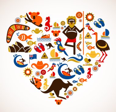 Australia love - heart with set of vector icons