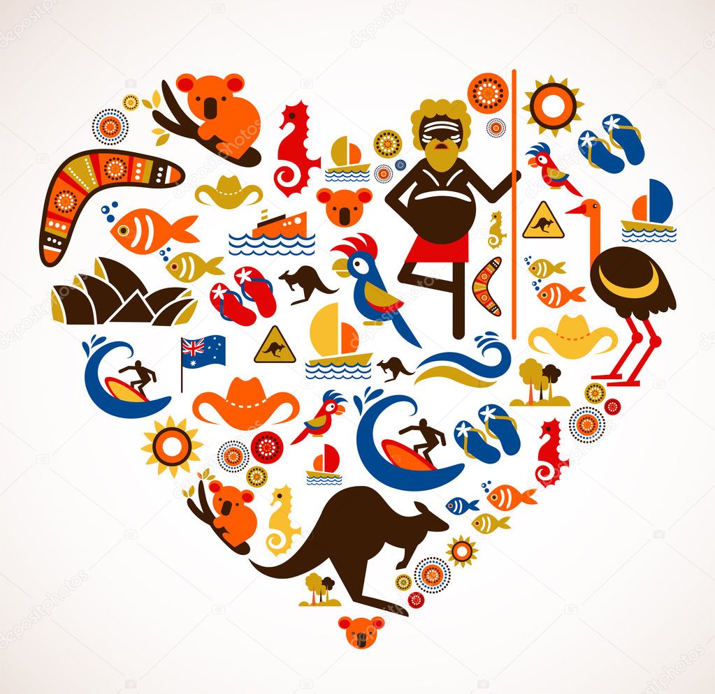 Australia love - heart with set of vector icons