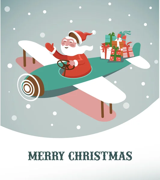 Christmas background with retro airplane and Santa — Stock Vector