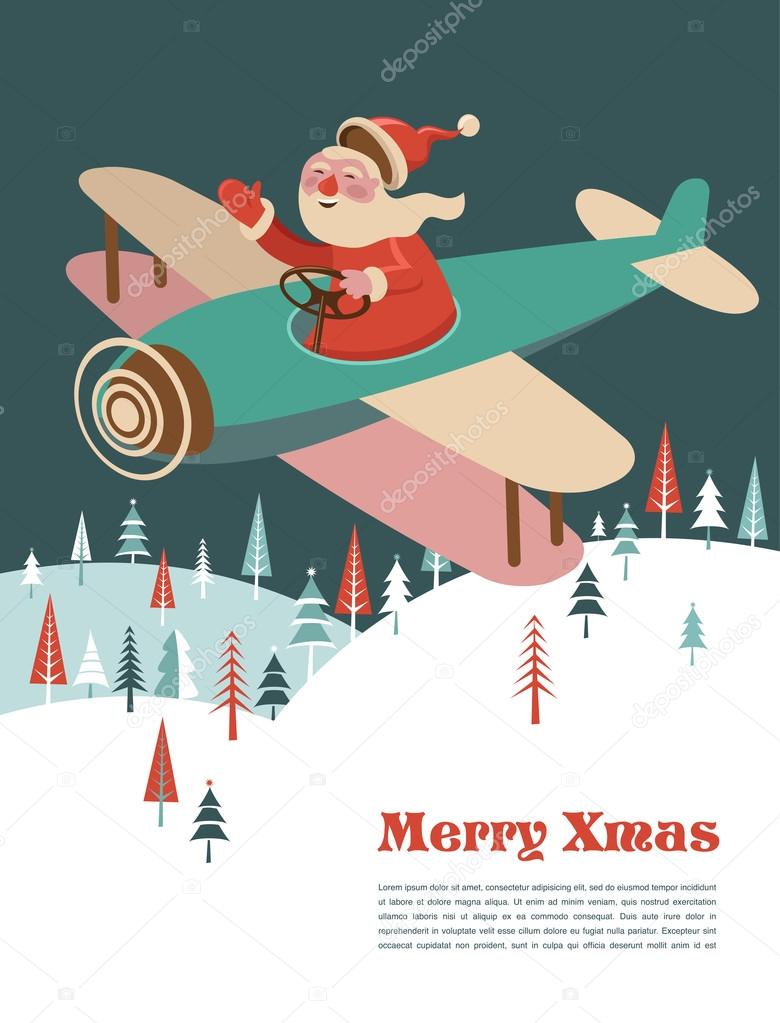 Christmas background with retro airplane and Santa