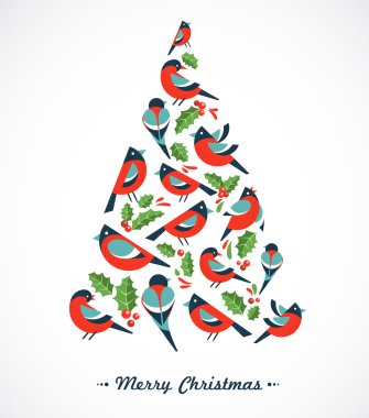 kuşlar ve holly ile Noel ağacı yapraklar