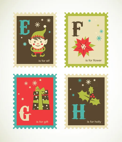 Christmas retro alphabet with cute icons — Stock Vector