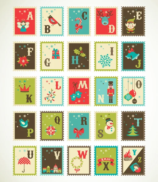 Χριστούγεννα ρετρό αλφάβητο με εικόνες Χριστούγεννα χαριτωμένο διάνυσμα — Διανυσματικό Αρχείο