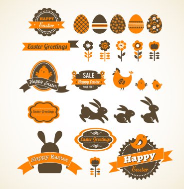 Paskalya vintage öğeler, afiş, etiketleri ve çerçeve kümesi