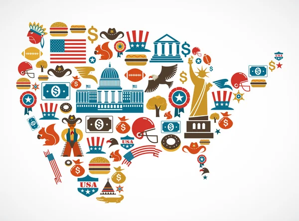 Carte de l'Amérique avec de nombreuses icônes vectorielles — Image vectorielle
