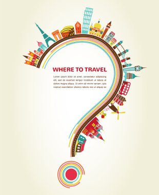 Where to Travel, question mark with tourism icons and elements