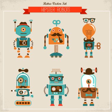 Set of vintage hipster robot icons