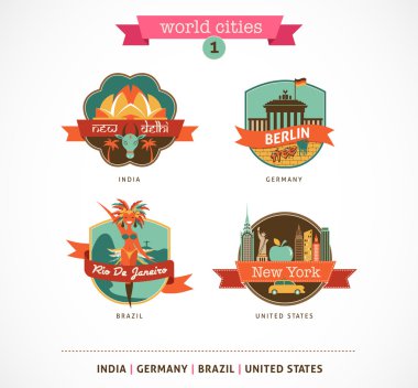 Dünya şehirler etiketleri - delhi, berlin, rio, new york