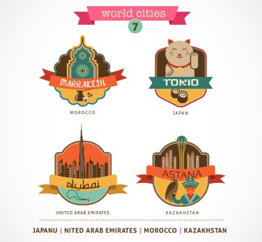 Dünya şehirler etiketleri - marrakesh, tokio, astana, dubai,