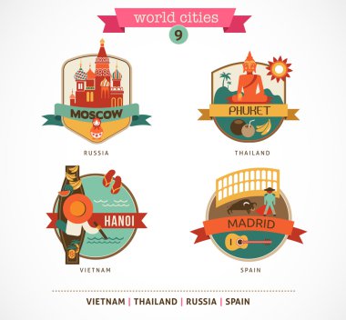 Dünya şehirler etiketleri - Moskova, phuket, madrid, hanoi