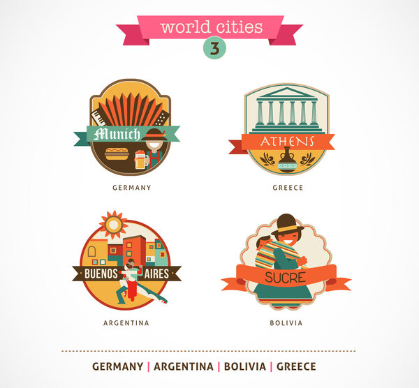 Лейблы World Cities - Sucre, Buenos Aires, Munich, Athens
