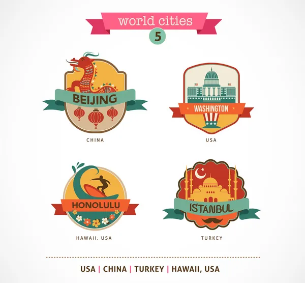 Лейблы World Cities - Beijing, Istanbul, Honolulu, Washington , — стоковый вектор