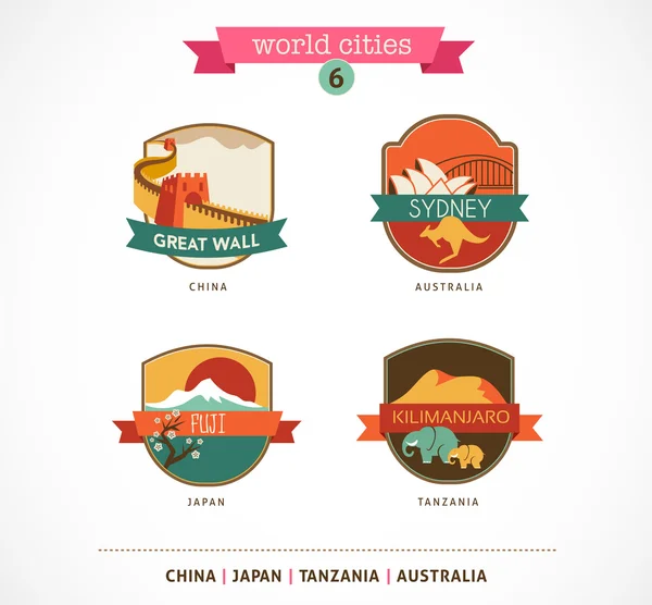 Лейблы World Cities - Sydney, Great Wall, Fuji, Kilimanjaro — стоковый вектор