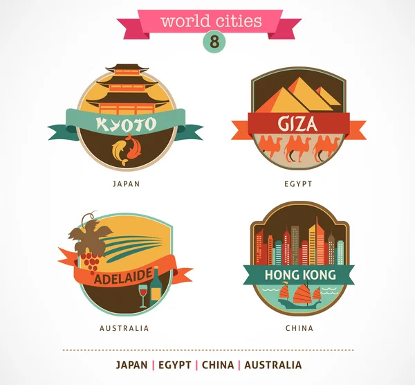 Etichette delle città del mondo Kyoto, Giza, Adelaide, Hong Kong , — Vettoriale Stock