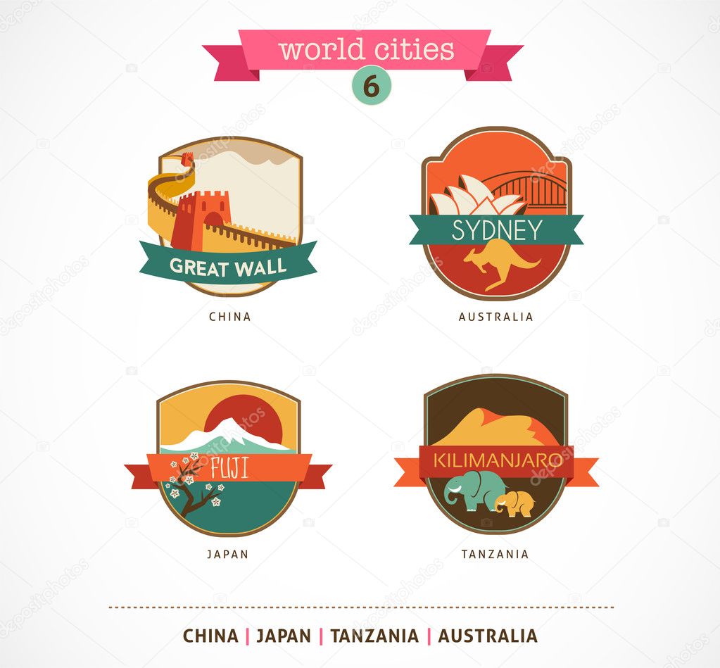 World Cities labels - Sydney, Great Wall, Fuji, Kilimanjaro