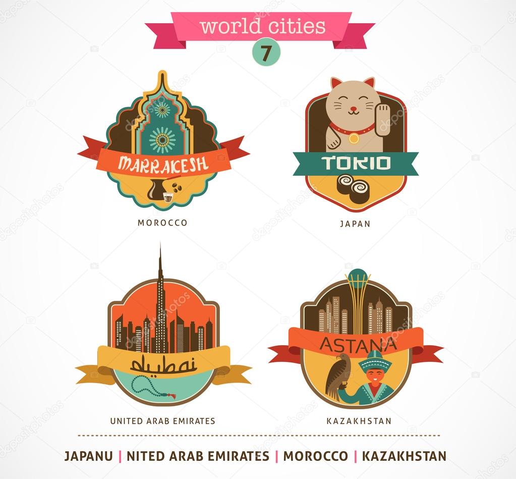 World Cities labels - Marrakesh, Tokio, Astana, Dubai,