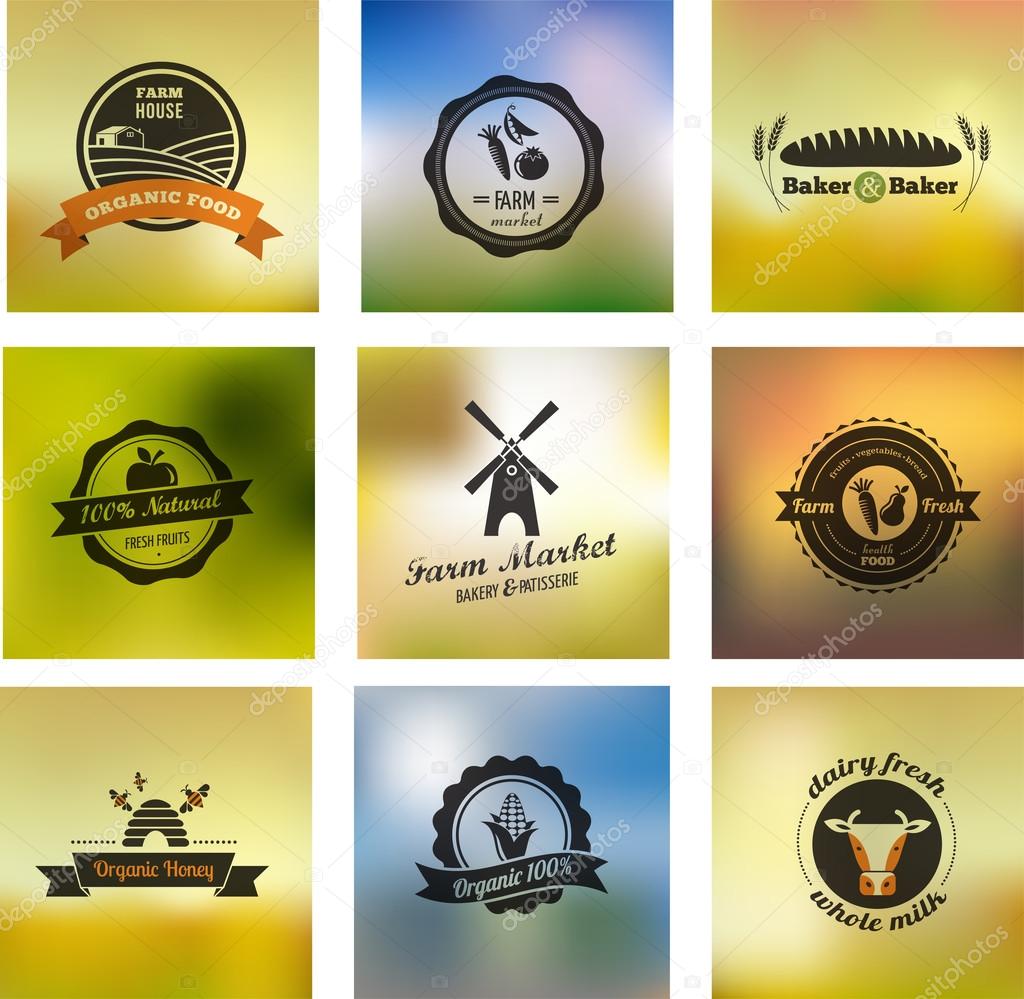 Farm food vector icons, vintage labels and badges with mesh backgrounds