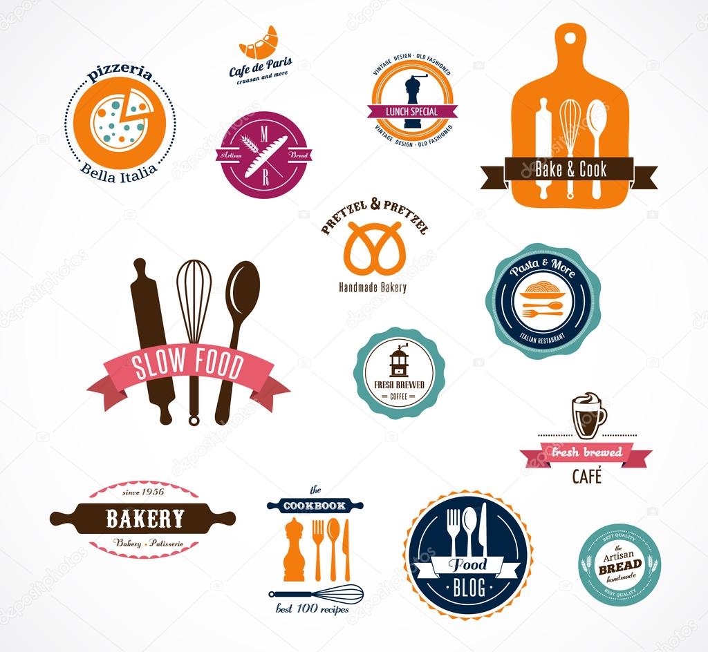 Collection of vintage bakery and cooffee shops badges and labels