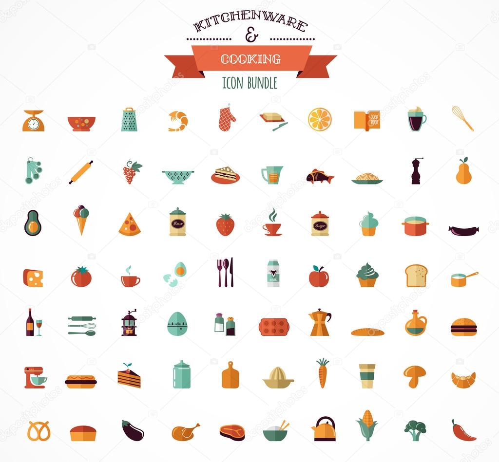 Cooking & Backing flat icons, Kitchenware elements