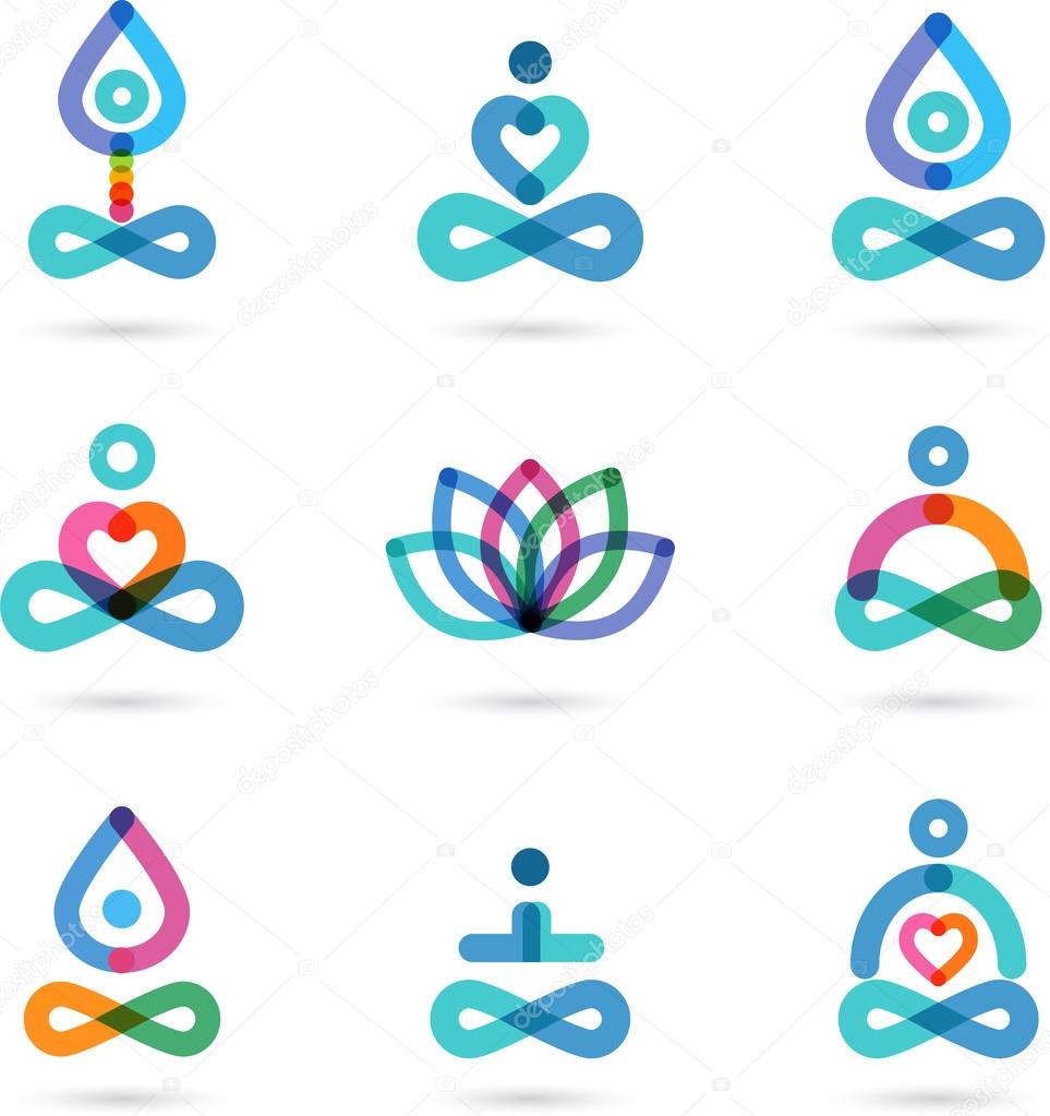 Collection of yoga icons, elements and symbols