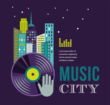 Music and night life of city landscape background clipart