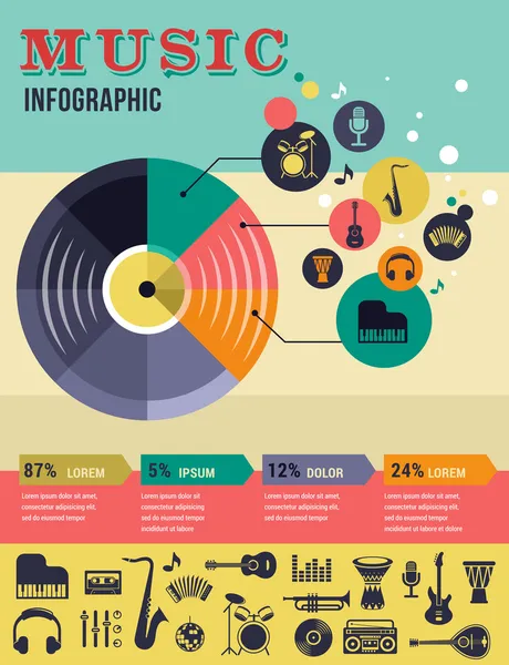 Musik-Infografik und Icon-Set von Instrumenten — Stockvektor